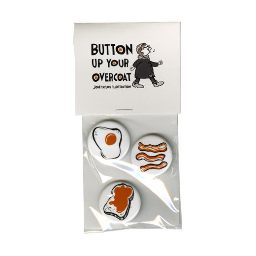 Button up your overcoat with these custom illustrated breakfast buttons by Joni.