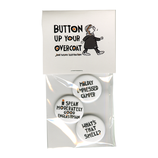Button up your overcoat with these custom illustrated buttons by Joni.